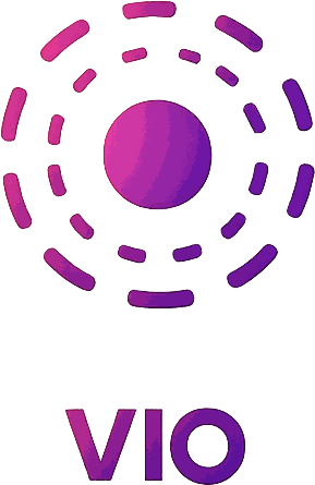 The VIO mark: a dashed ring of concentric arcs around a solid disc, in a magenta to violet gradient, above the wordmark VIO.