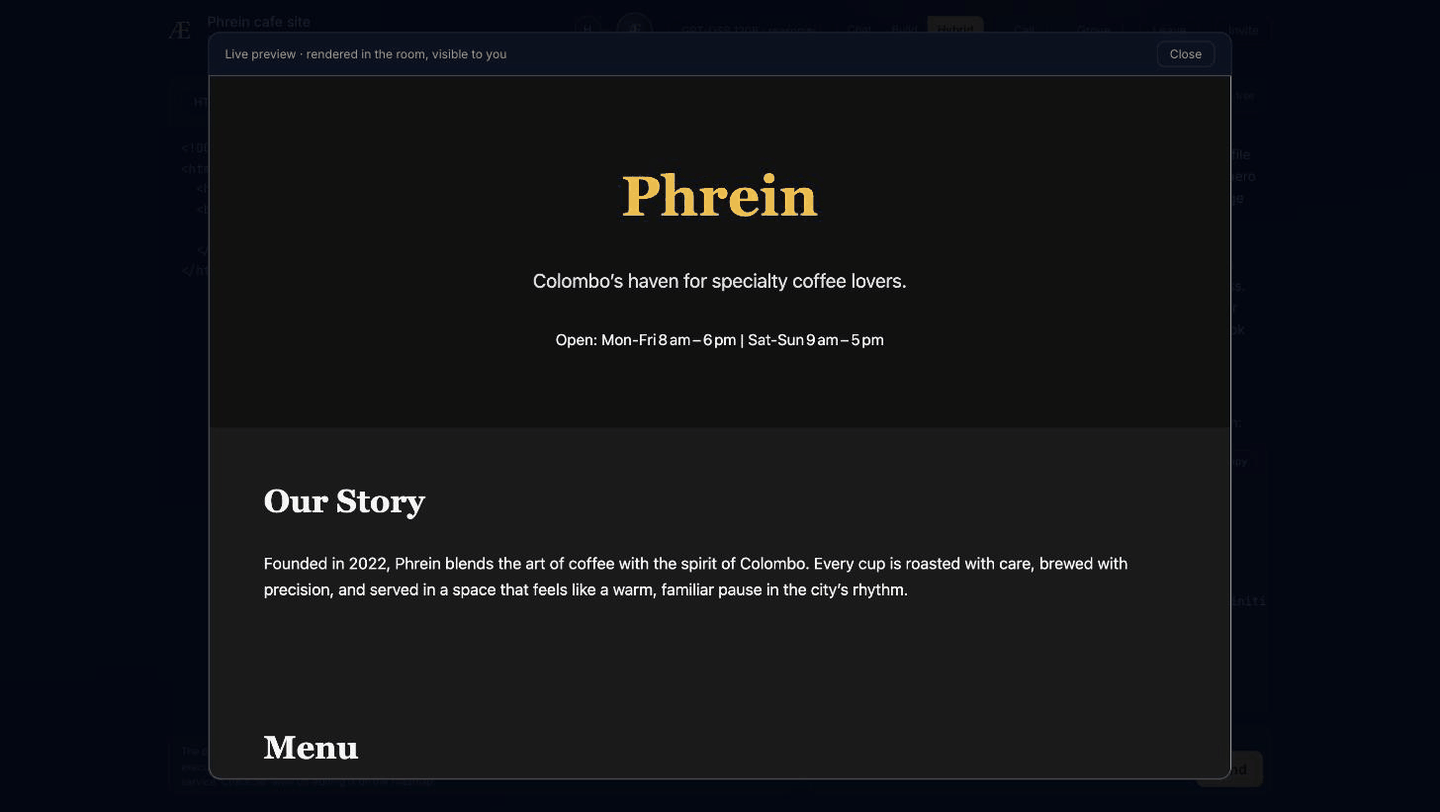 The live preview overlay inside an &AElig;DEN room, rendering the document currently held in the Workbench: a dark cafe page with a serif wordmark, opening hours, a short story section and the start of a menu. The room and its editor sit dimmed behind the overlay.